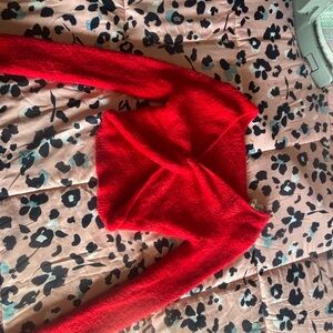 No Boundaries Red Fuzzy Twist-Front Cropped Sweater